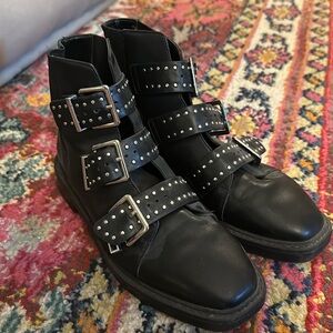 Urban Outfitters Zoe Triple Strap Buckle Ankle Boots Black Leather